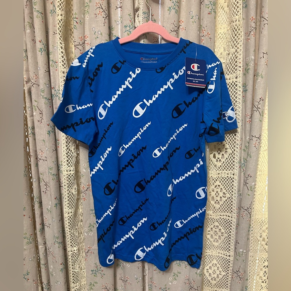 Champion Bozetto Blue All Over Print Short Sleeve T-shirt Youth Large New